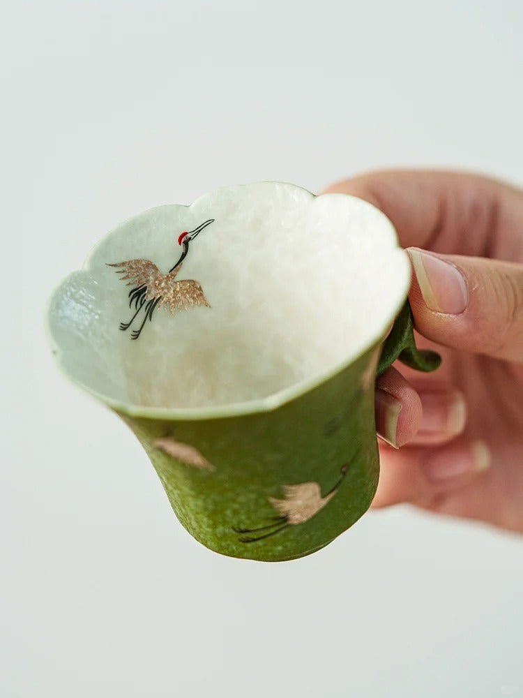 The Silver Crane Petal Cup | Hand-Finished Celadon & Inlaid Silver Tea Masterpiece