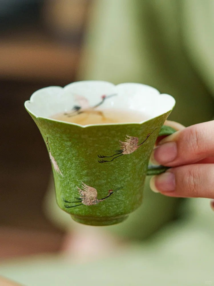 The Silver Crane Petal Cup | Hand-Finished Celadon & Inlaid Silver Tea Masterpiece