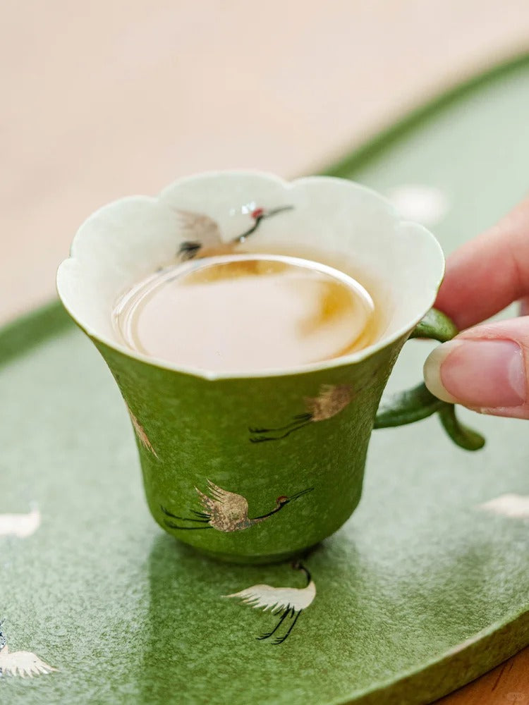 The Silver Crane Petal Cup | Hand-Finished Celadon & Inlaid Silver Tea Masterpiece