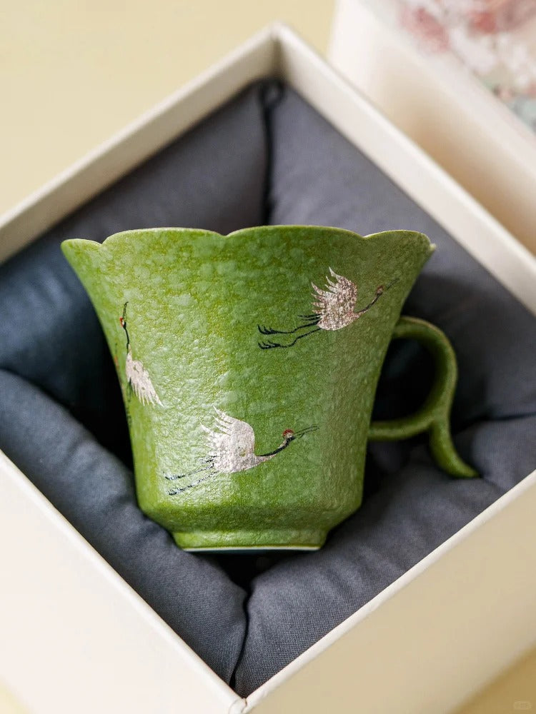The Silver Crane Petal Cup | Hand-Finished Celadon & Inlaid Silver Tea Masterpiece