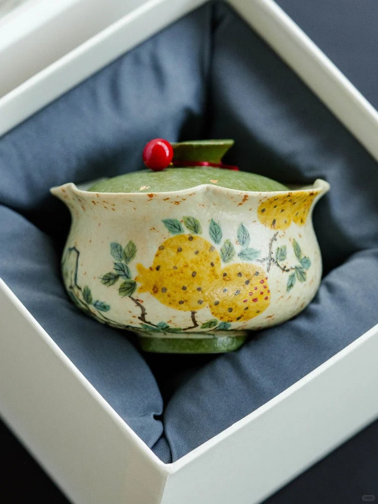 The Pomegranate "Blessing Pouch" Gaiwan | Hand-Painted Ceramic Steeper