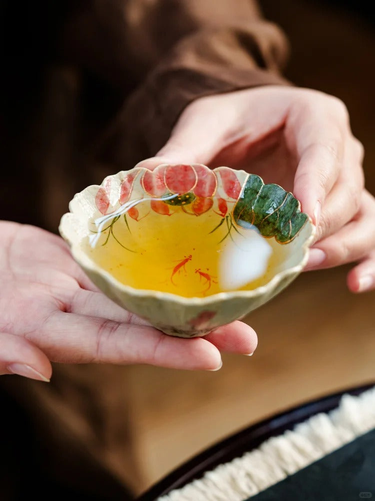 The Koi & Lotus Hat Cup | Hand-Painted "Flint Red" Porcelain with 24K Gold Accents