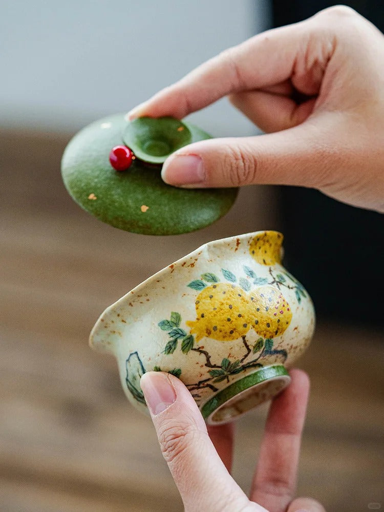 The Pomegranate "Blessing Pouch" Gaiwan | Hand-Painted Ceramic Steeper